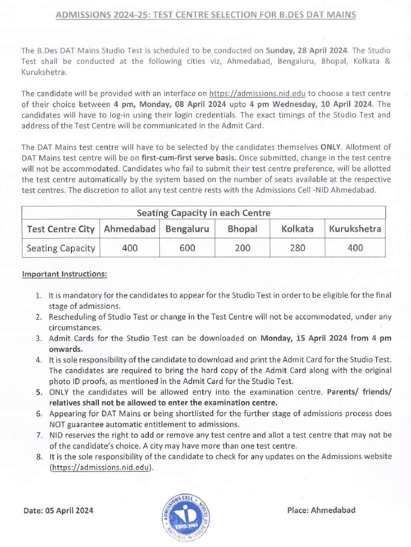 NID Exam Center Selection Notice